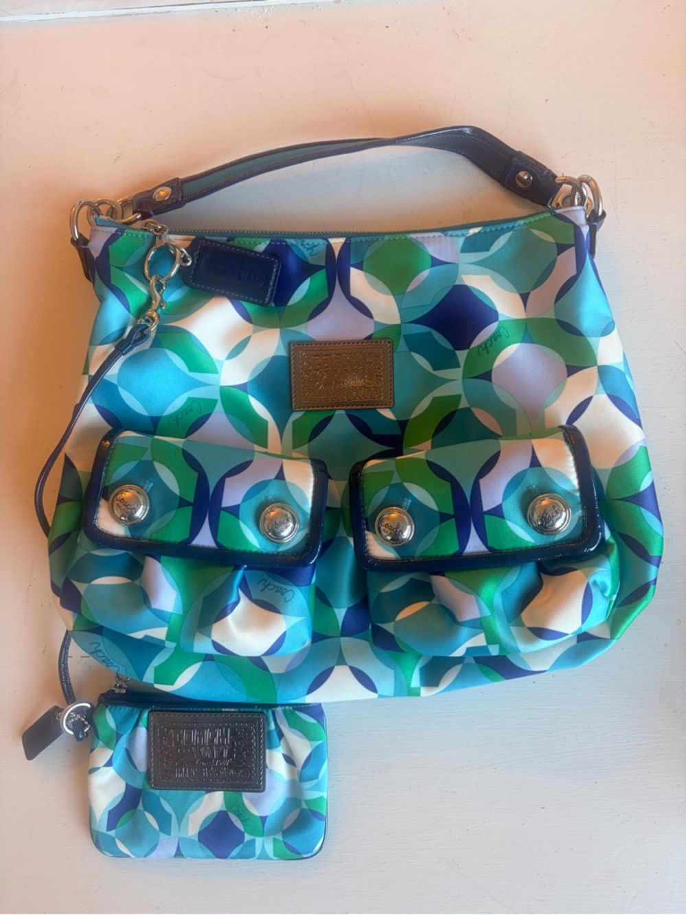 COACH Rare Poppy Limited Edition Kaleidoscope Pocket Satin Hobo Bag & Wallet